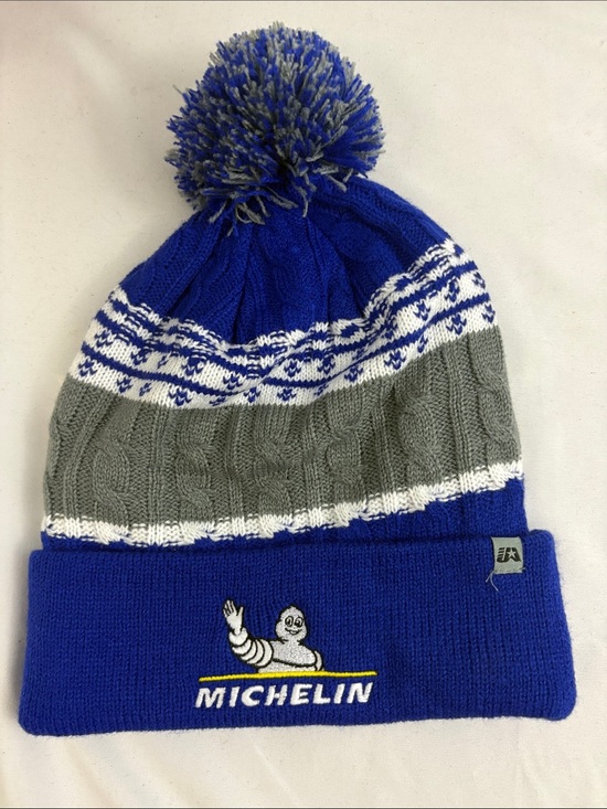 Michelin Man Tire Winter Beanie Hat Blue Gray One Size Pom